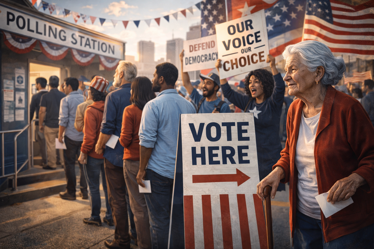 Community members turning out to vote at a decorated polling station